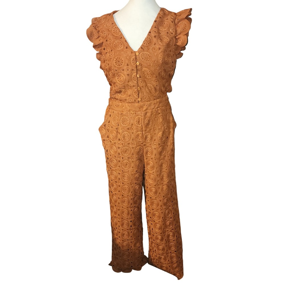 IMPRESSIONS Orange Crochet Lace Ruffle Sleeve Wide Leg Jumpsuit Women's Size M